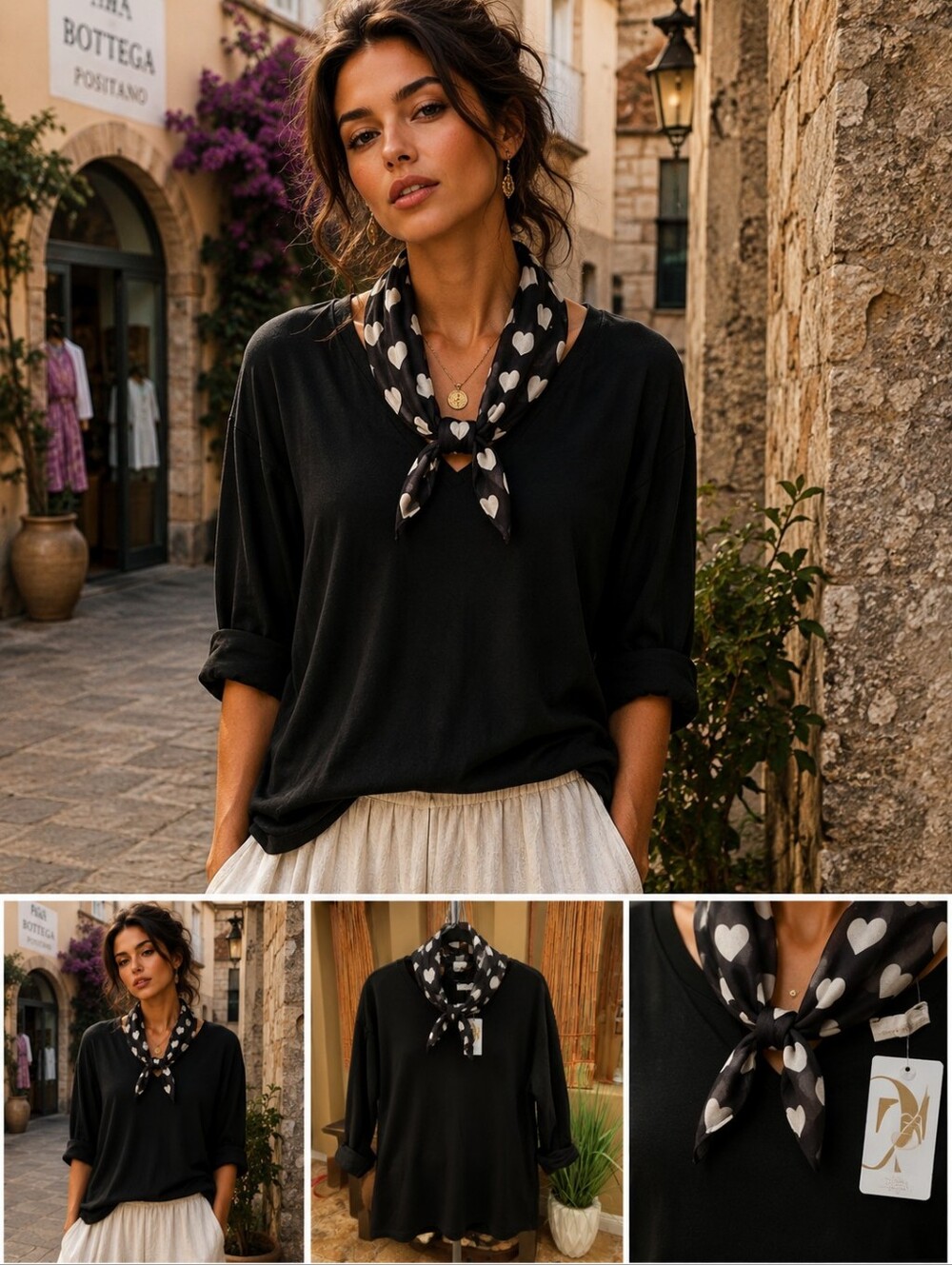 Black Long Sleeve V-Neck Tee with Heart-Print Scarf, Italy, NWT, OS